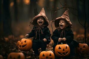 generativ ai, halloween barn i kostymer utomhus. Lycklig halloween kort. höst Semester roligt. rolig barn fest uttryck. foto