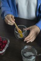 friska vegan efterrätt - chia pudding med mango och bär. Hem matlagning. foto