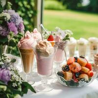 is grädde desserter buffé tabell, händelse mat catering för bröllop, fest och Semester firande, is krämer och blommor dekor i en blommig landsbygden trädgård, generativ ai foto