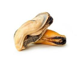 ångad eller kokta mat av färsk skön grön musslor i stack eller korsa form utan skal isolerat på vit bakgrund med klippning väg foto