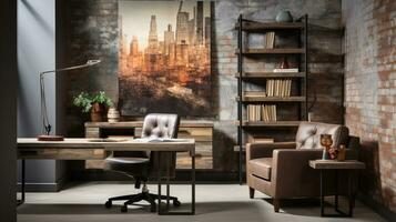 industriell stil Hem kontor med en återvunnen trä skrivbord design och en bokhylla, ai generativ foto