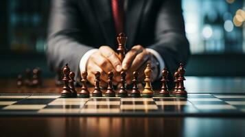 affärsman kontrollera schack spel begrepp för idéer företag strategi förvaltning, utveckling ny strategi planen, ledare och lagarbete, planera för konkurrens, ai generativ foto
