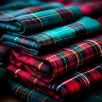 textur av rynkig, skrynkliga tartan tyg närbild, traditionell skott Kläder - ai genererad bild foto