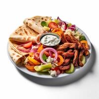 kyckling kebab med sallad, tomat och gurka på mörk bakgrund genererad ai foto