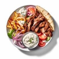 kyckling kebab med sallad, tomat och gurka på mörk bakgrund genererad ai foto