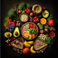friska mat med fisk, grönsaker, nötter och Övrig Ingredienser genererad med ai foto