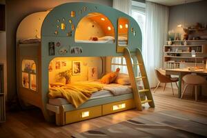 söt barn möbel i en unik sovrum interiör, ai genererad foto