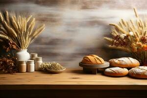 bageri tema införlivande mjöl och bröd på trä- tabell, ai genererad foto