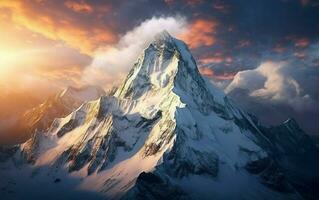 berg topp i de tibetan snö, skön solnedgång berg panorama. ai generativ foto