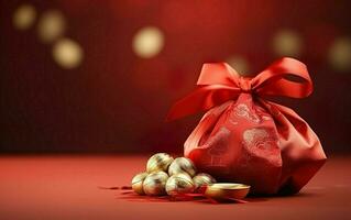 kinesisk ny år gåva. fotorealistisk röd säck med gyllene dekorationer på röd bakgrund. ai generativ foto