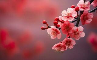 vår festival affisch. rosa sakura körsbär blomma på de röd bakgrund, de fokus, kopia Plats. ai generativ foto