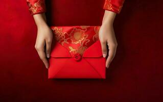 kinesisk ny år affisch. händer i röd kläder innehav en traditionell insvept gåva låda, topp se, sett från ovan, ai generativ foto