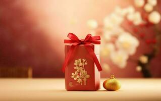 kinesisk ny år gåva. fotorealistisk röd låda med suddig sakura på de bakgrund. ai generativ foto