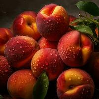 persikor med vatten droppar på dem genererad med ai foto