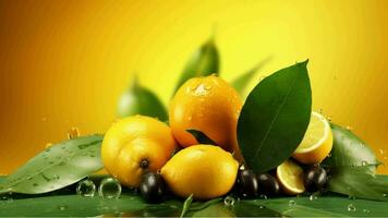 citroner är stänk i vatten på en gul bakgrund genererad med ai foto