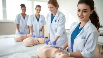 medicinsk studenter praktiserande cpr på dummies. ai genererad. foto