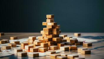 trä- block stapling som en pyramid. företag strategi och planera begrepp. ai genererad. foto