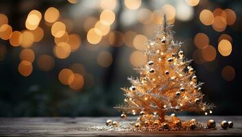 gyllene jul träd på trä- tabell med bokeh bakgrund. ai genererad. foto