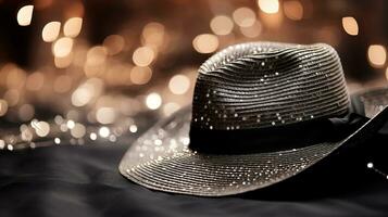 silver- paljett fedora hatt på svart tyg med suddig lampor. ai genererad. foto