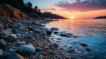 solnedgång över de hav. stenar på de strand. ai genererad. foto