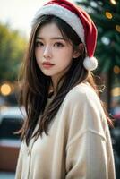 skön flicka i santa claus kläder över jul bakgrund foto