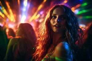 porträtt av ung skön kvinna dans i natt klubb med lampor. ai genererad foto