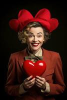 porträtt av en Lycklig kvinna med röd hjärta.valentinsdag dag begrepp ai genererad foto