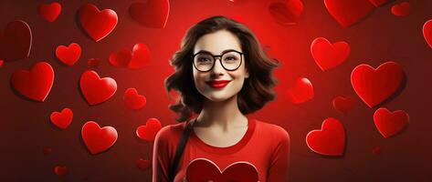 porträtt av en Lycklig kvinna med röd hjärta på en röd bakgrund.valentinsdag dag begrepp ai genererad foto