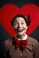 porträtt av en Lycklig kvinna med röd hjärta.valentinsdag dag begrepp ai genererad foto