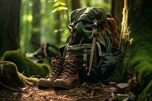 vandring stövlar och ryggsäck i de skog. resa och äventyr begrepp ai genererad foto