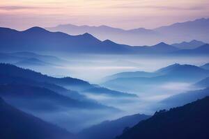 ai genererad skön landskap av bergen i dimmig morgon.skönhet i natur. foto