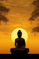 buddha staty och solnedgång i de morgon- ai genererad foto