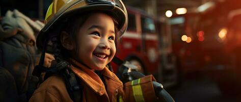 porträtt av leende asiatisk liten flicka bär brandman enhetlig stående i brand lastbil. ai genererad foto