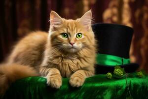 söt katt bär en grön topp hatt för st. Patricks dag. ai genererad foto