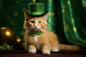 söt katt bär en grön topp hatt för st. Patricks dag. ai genererad foto