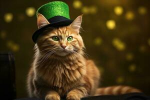 söt katt bär en grön topp hatt för st. Patricks dag. ai genererad foto