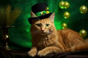 söt katt bär en grön topp hatt för st. Patricks dag. ai genererad foto