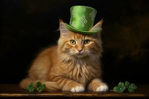 söt katt bär en grön topp hatt för st. Patricks dag. ai genererad foto