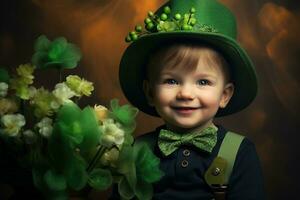 porträtt av en leende pojke i en pyssling kostym. st. Patricks dag. ai genererad foto