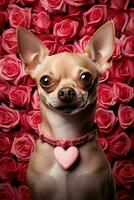 porträtt valentines av en söt chihuahua hund med ro ai genererad foto