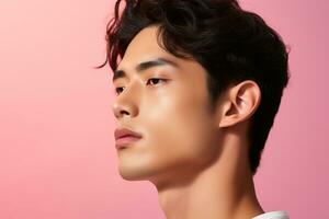 porträtt av en skön ung asiatisk man på rosa bakgrund.asiatisk skönhet ai genererad foto