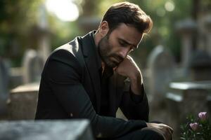 porträtt av en ledsen och deprimerad man i en svart täcka på de bakgrund av en kyrkogård.begravning begrepp ai genererad foto
