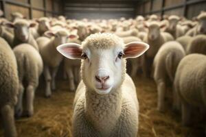 porträtt av en söt lamm på en bakgrund av får i de ladugård ai genererad foto