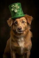 söt valp i grön topp hatt. st. Patricks dag. ai genererad foto