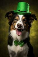 söt valp i grön topp hatt. st. Patricks dag. ai genererad foto