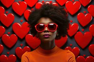 modern afrikansk amerikan kvinna med glasögon på valentine bakgrund ai genererad foto