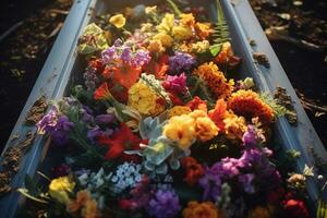 färgrik blommor på de grav i de kyrkogård, begravning begrepp. ai genererad foto