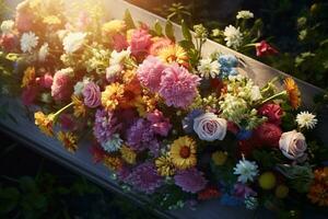 färgrik blommor på de grav i de kyrkogård, begravning begrepp. ai genererad foto