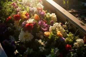 färgrik blommor på de grav i de kyrkogård, begravning begrepp. ai genererad foto