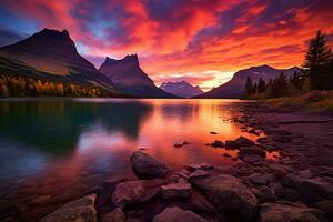 majestätisk solnedgång i glaciär nationell parkera, montana, usa. ai genererad foto